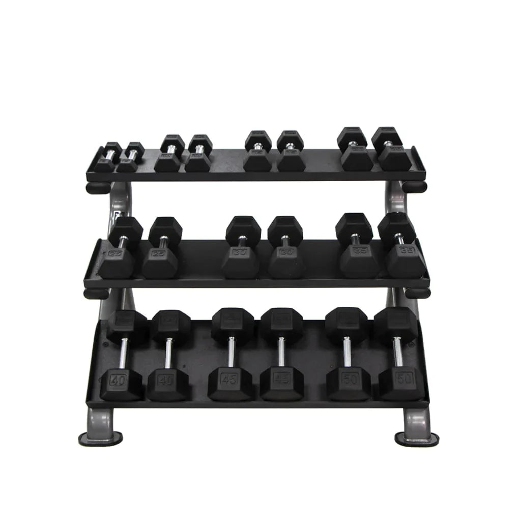 TKO 3 Tier Commercial Dumbbell Rack 890HDR - black dumbbells in 3-tier rack