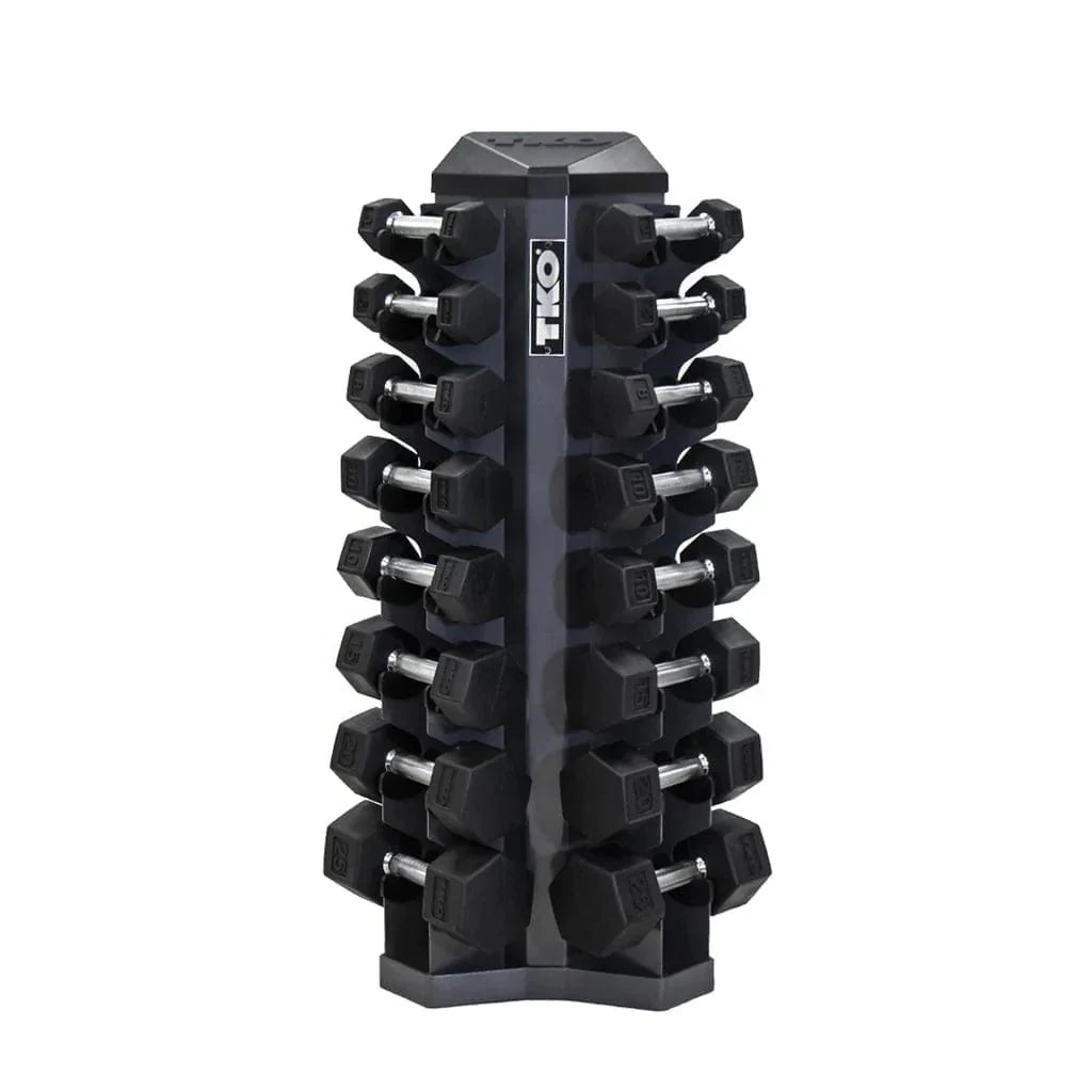 TKO 8 Pair Vertical Dumbbell Rack - dumbbells arranged in the metal rack