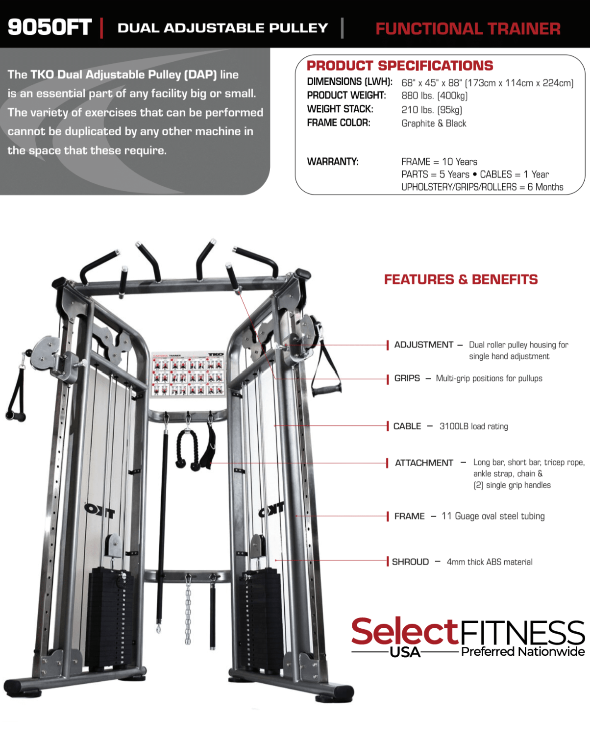 TKO Strength 9050 Functional Trainer Cable Machine - funtional trainer cable machine with specs.