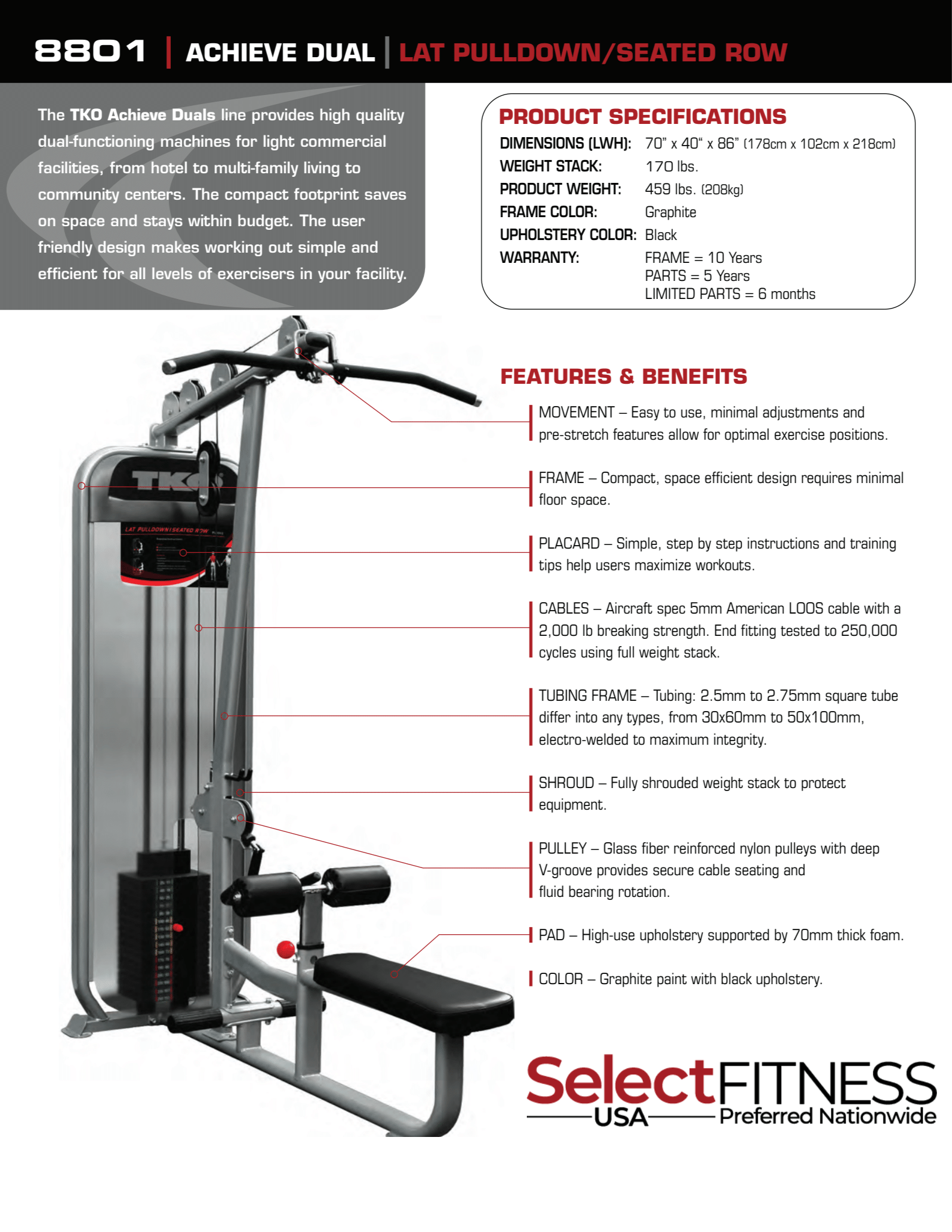 TKO Strength Dual Lat Pull Down / Mid Row - 8801 - pull down mchine with specs