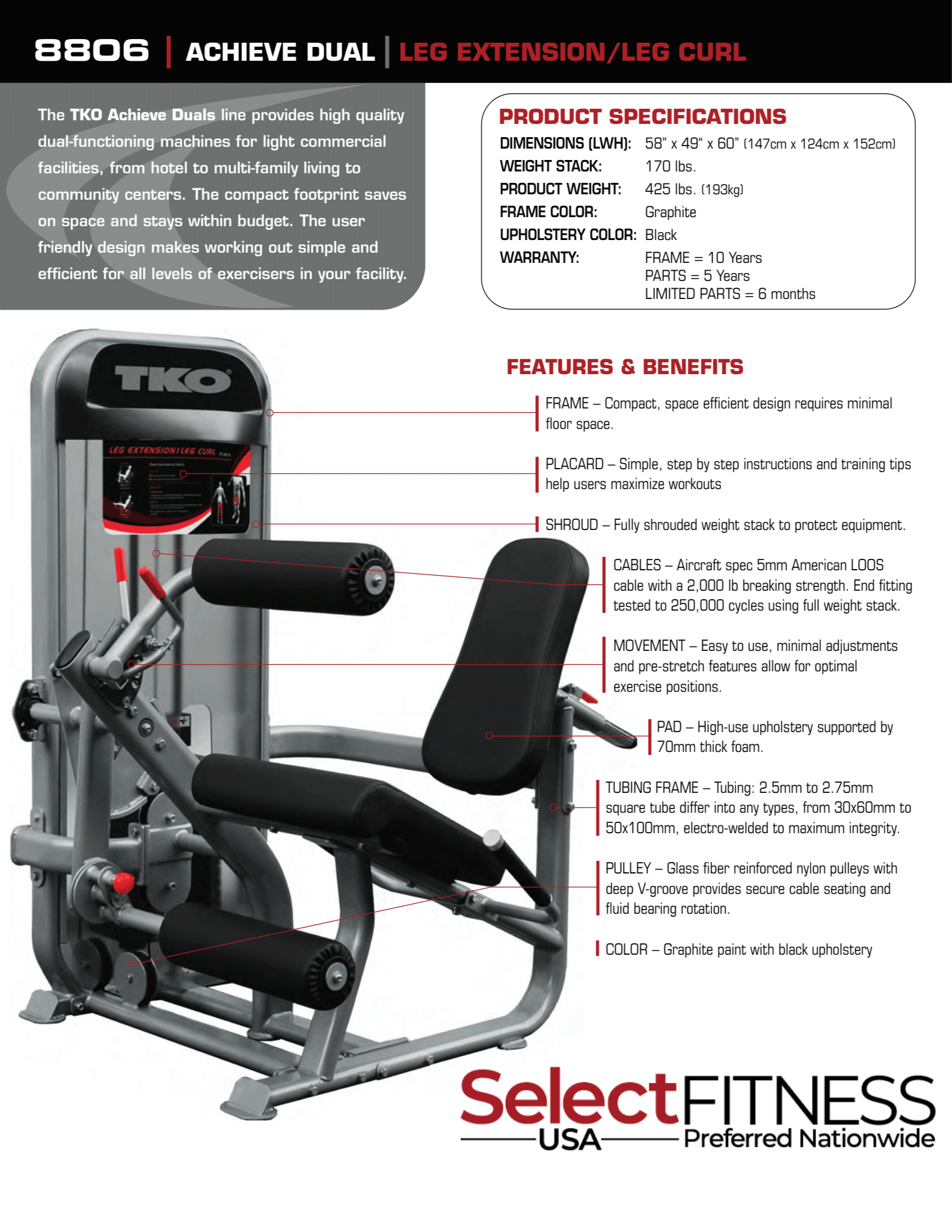 TKO Strength Dual Leg Extension and Curl Machine 8806 - leg extension and curl machine with specs