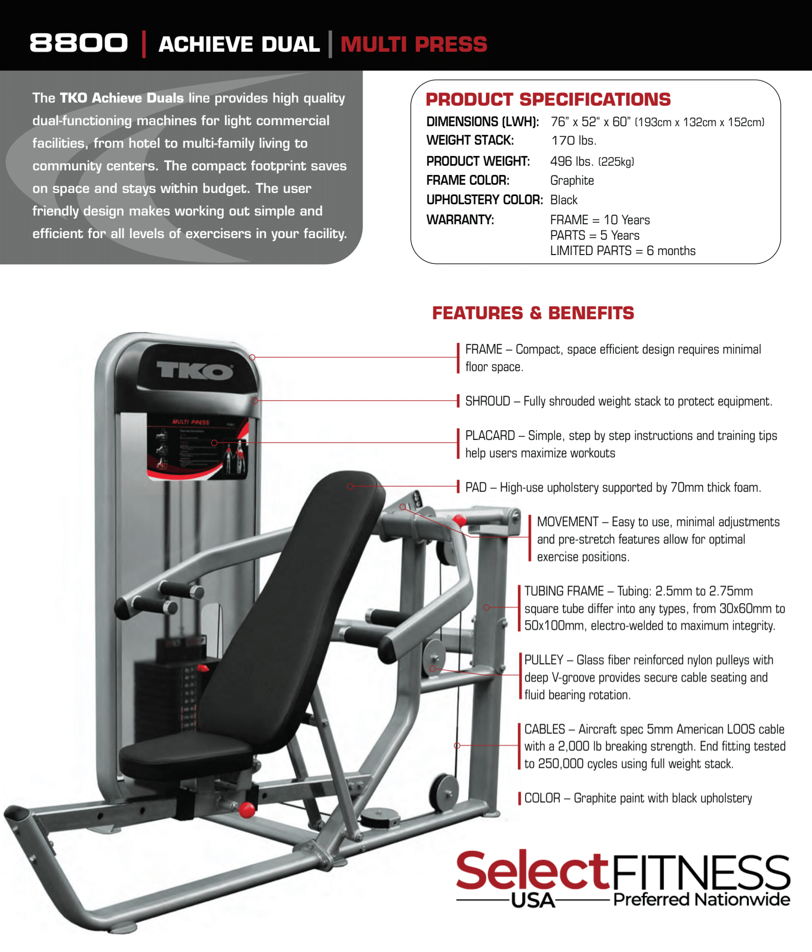 TKO Strength Dual Multi Press Cable Machine 8800 -black and grey multiple press cable machine with specs