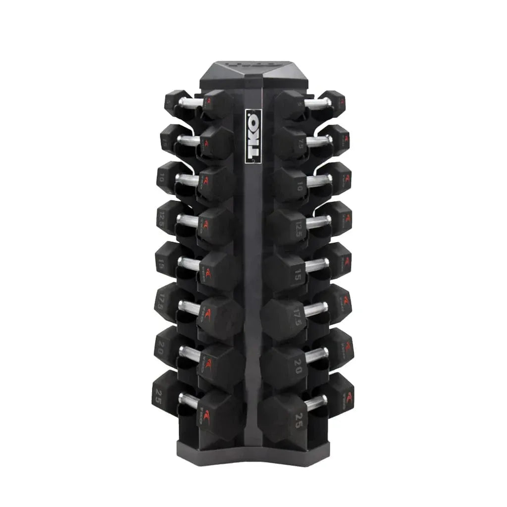 TKO Dumbbell Set with 8 Pair Vertical Dumbbell Rack - dumbbells in the rack  with labels