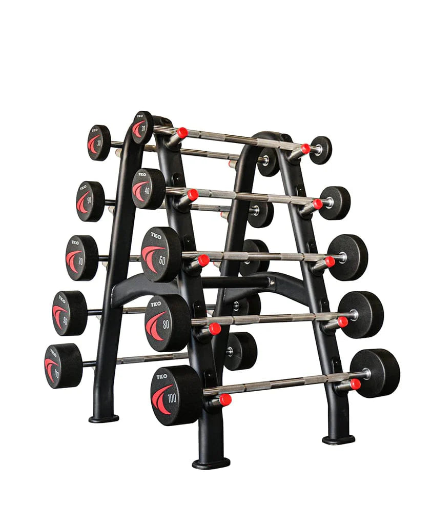 TKO Fixed Barbell Set With 10 Bar Rack 846BBR - a set of weights on a rack