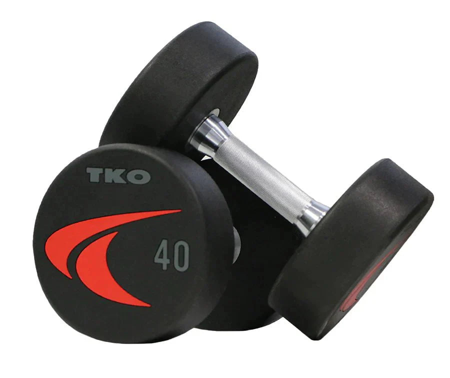 TKO Signature Round Urethane Dumbbell Set With Rack - pair of black dumbbell