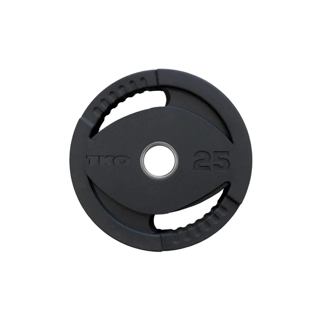 TKO Rubber Olympic Grip Plate Set 803OR - one black and metal grip plate with label of 25 lbs