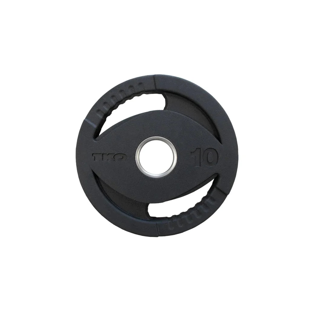 TKO Rubber Olympic Grip Plate Set 803OR - one black and metal grip plate with label of 10 lbs