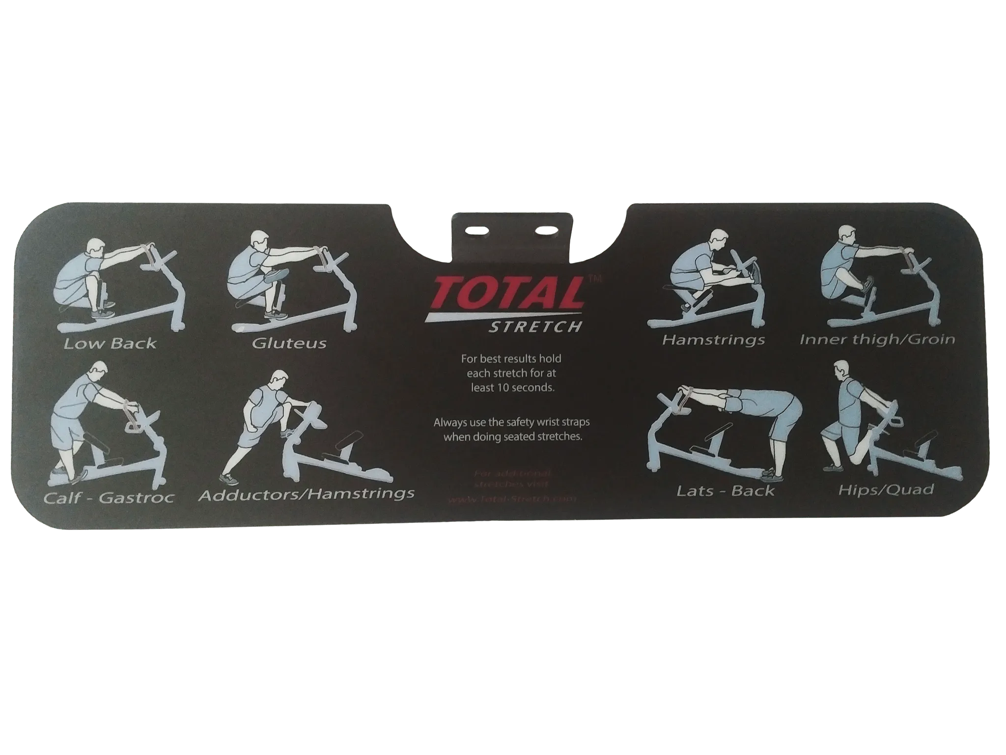 TotalStretch TS150 Total Body Stretching Machine - a black and white card with images of exercises on it