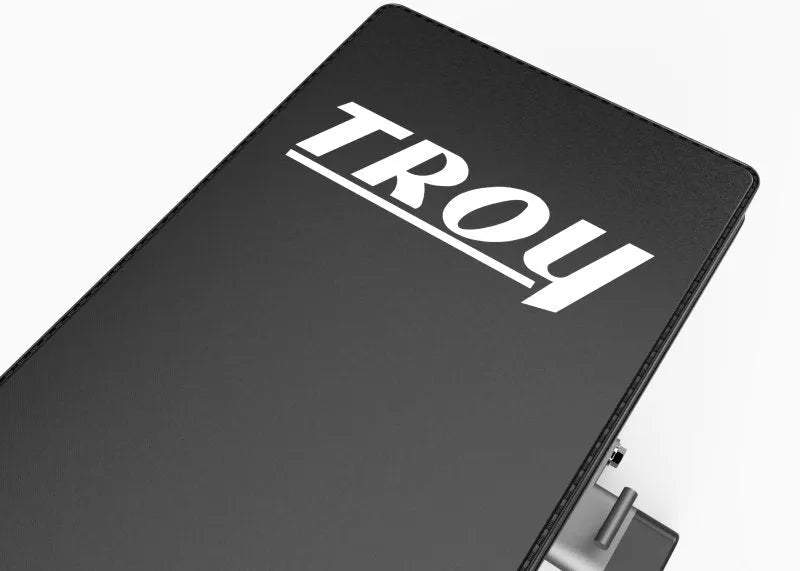Troy Flat Bench - close up view of bench with Troy logo