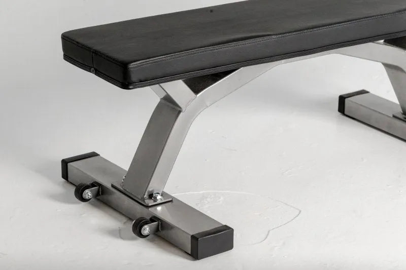 Troy Flat Bench - view of steel gauge frame with built-in wheels