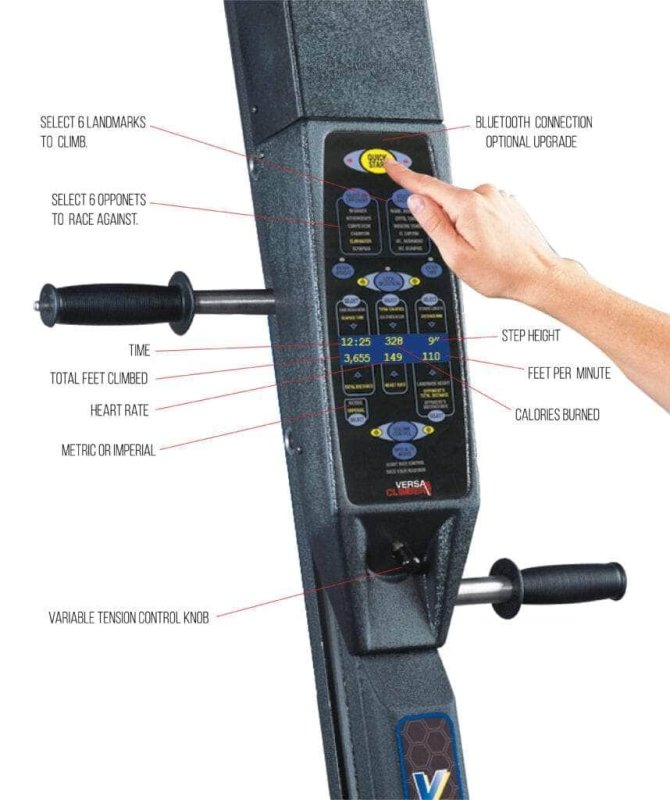 VersaClimber SMA Sport Model Vertical Climber - a hand pressing a button on a machine