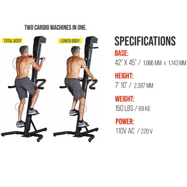 VersaClimber TS Magnetic Commercial Vertical Climber - Specification of machine with a picture of a man exercising