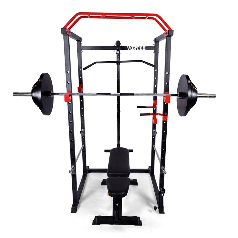 Vortex Strength Power Rack Full Set (Cage + Barbell + Plate Set + Adjustable Bench) - Front view photo of the machine 