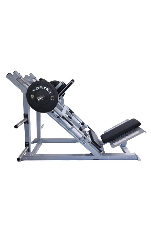 Vortex Strength VLP1000 Leg Press / Hack Squat Combo - Side view with a barbell on top and visible vortex logo on weight plate