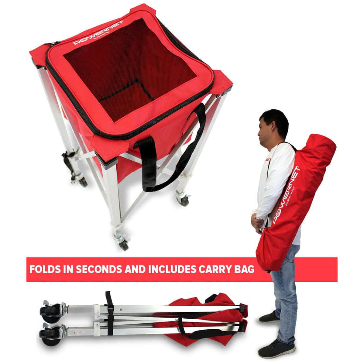 Powernet Wheeled Ball Caddy Cart for Baseball Softball and Tennis 1091 folding feature