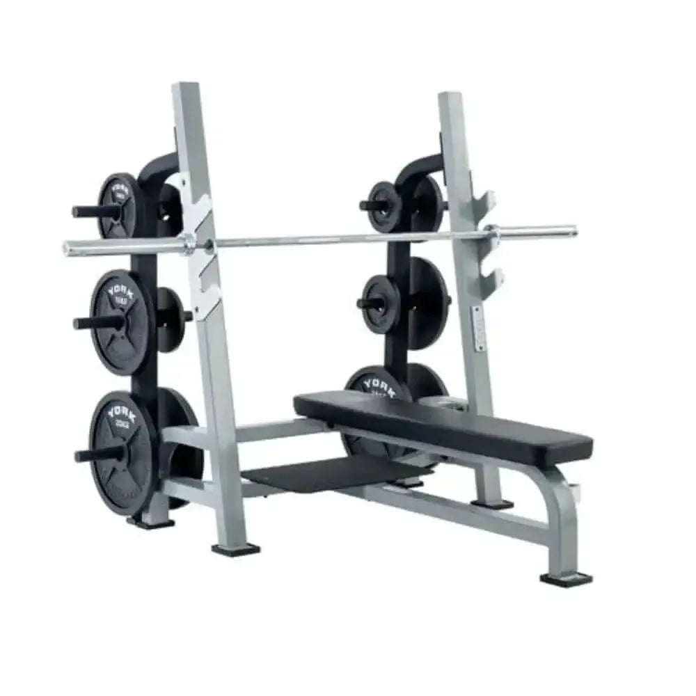 York STS Olympic Flat Bench - Silver with Barbells