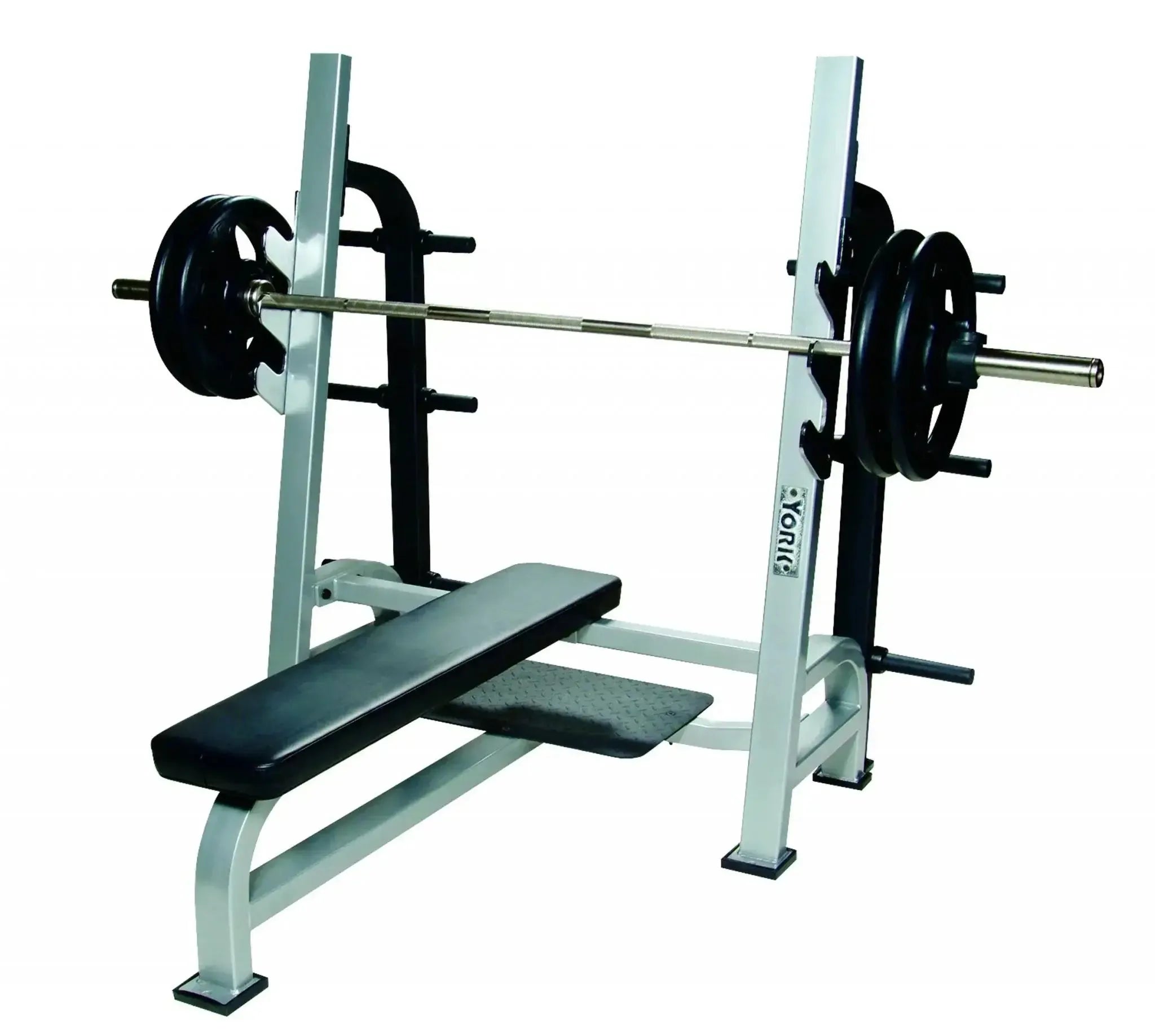 York STS Olympic Flat Bench - Silver body with barbells