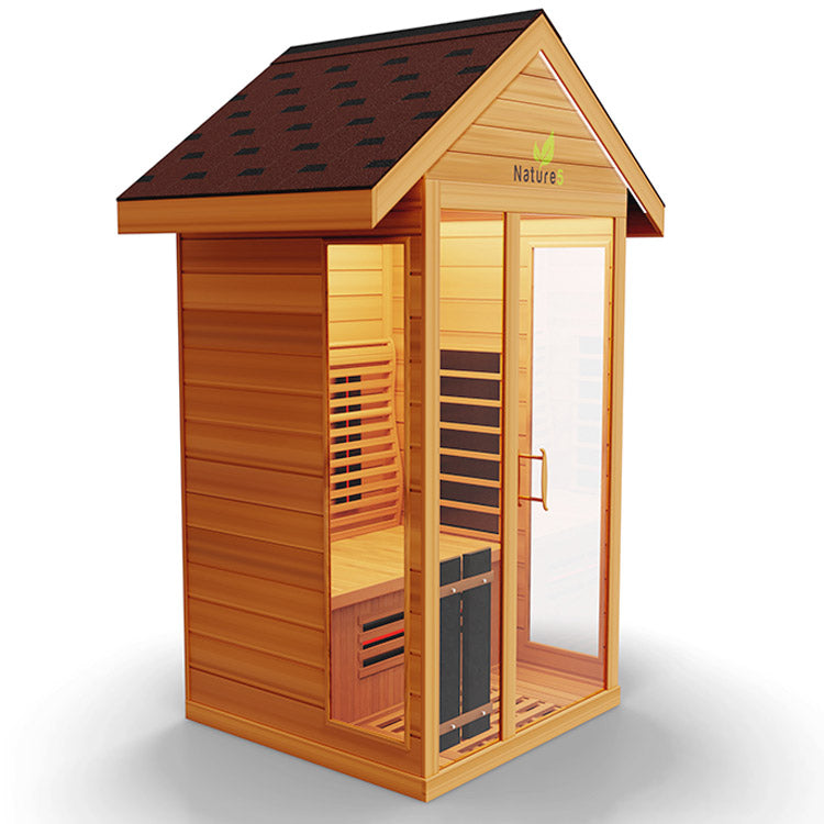 Medical Nature 5 Outdoor Infrared Sauna - Side 3D view of sauna with brown roof and a glass window on the side