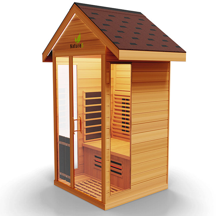 Medical Nature 5 Outdoor Infrared Sauna - a wooden sauna with a glass door