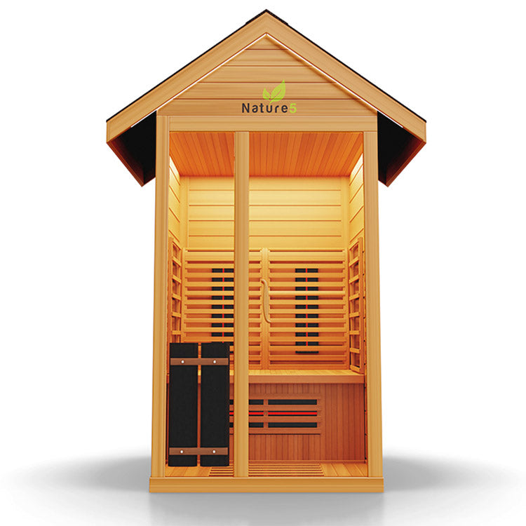 Medical Nature 5 Outdoor Infrared Sauna - Front low-angle view of wooden sauna