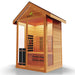 Medical Nature 6 Outdoor Infrared Sauna - Low angle view of wooden sauna with glass door and windows