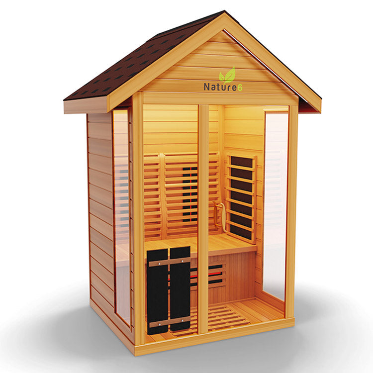 Medical Nature 6 Outdoor Infrared Sauna - a wooden sauna with glass doors