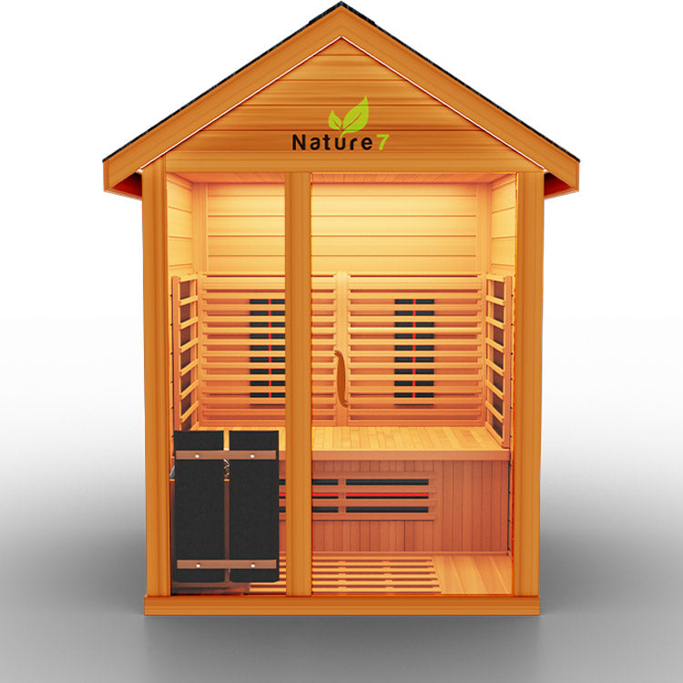 Medical Nature 7 Outdoor Infrared Sauna - Front view of wooden sauna with glass door and window