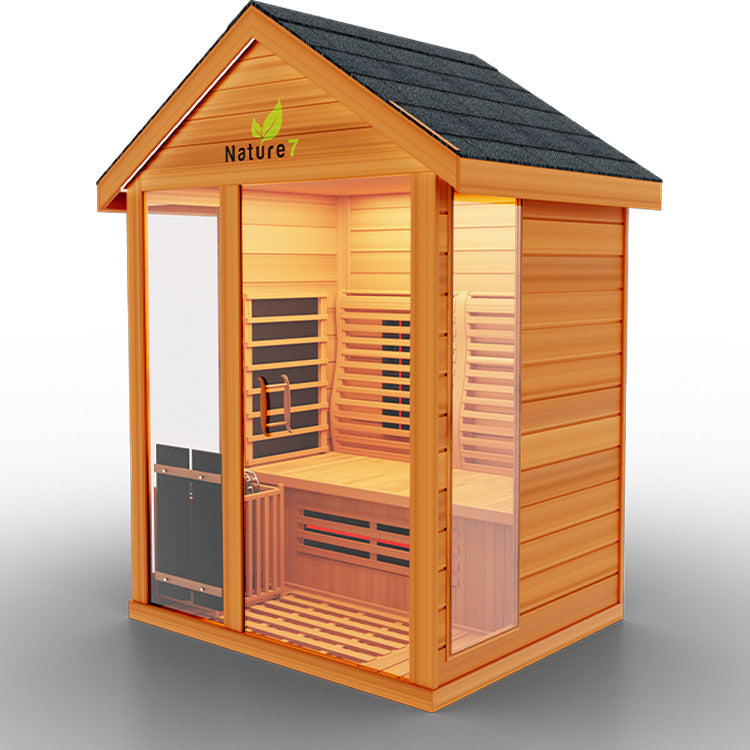 Medical Nature 7 Outdoor Infrared Sauna - a wooden sauna with a glass door