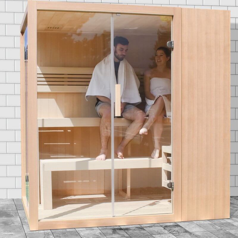 Canadian Hemlock Indoor Wet Dry Sauna with LED Lights - 4.5 kW UL Certified Heater - 4-6 Person - 2 people enjoying sauna inside