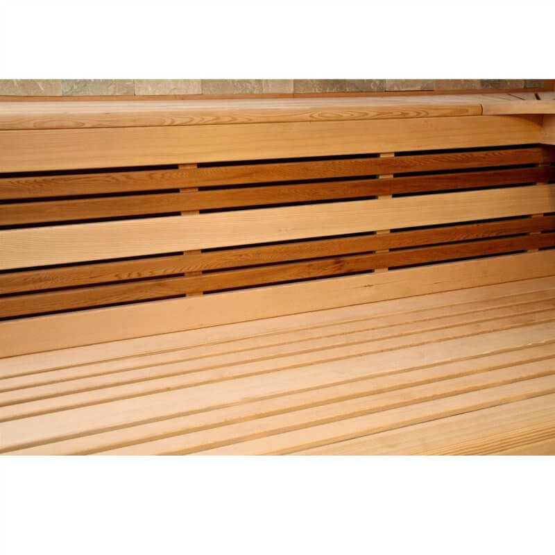 Canadian Hemlock Indoor Wet Dry Sauna with LED Lights - 6 kW UL Certified Heater - 6 Person - Close up view of chairs inside