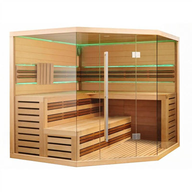 Canadian Hemlock Indoor Wet Dry Sauna with LED Lights - 6 kW UL Certified Heater - 6 Person - Outside view with lights on inside