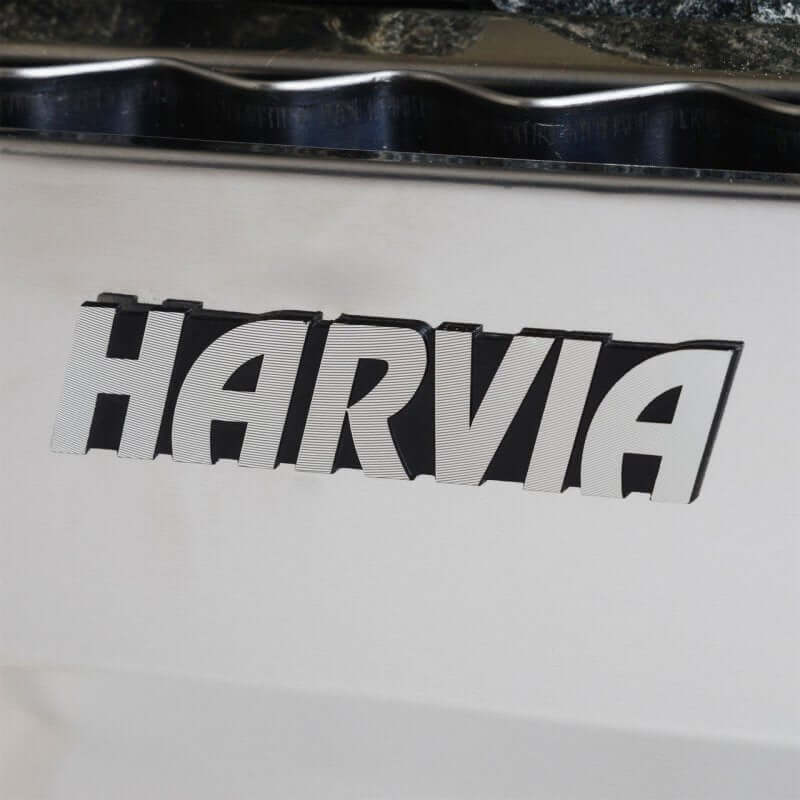 Canadian Hemlock Outdoor and Indoor Wet Dry Sauna - 6 kW UL Certified Heater - 6 Person - Harvia logo close up image