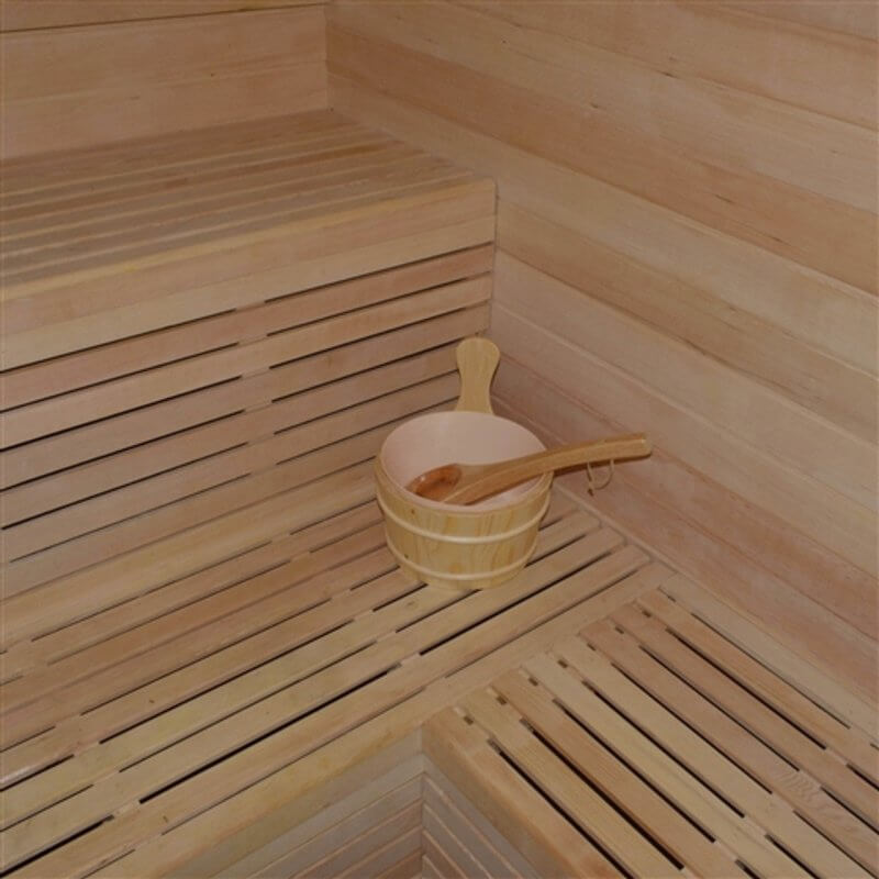 Canadian Hemlock Outdoor and Indoor Wet Dry Sauna - 6 kW UL Certified Heater - 6 Person - Spoon and bowl on top of chair