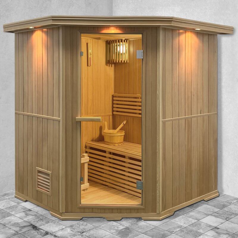 Canadian Hemlock Wet Dry Indoor Sauna - 6 kW UL Certified Heater - 6 Person - Outside view with lights on inside sauna