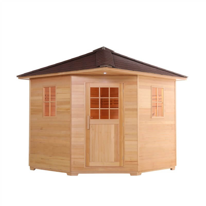 Canadian Hemlock Wet Dry Outdoor Sauna with Asphalt Roof - 6 kW UL Certified Heater - 5 Person - Front view with light on top of the door