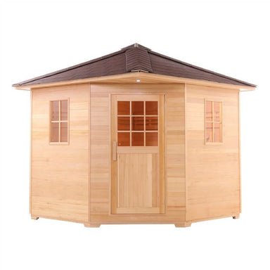 Canadian Hemlock Wet Dry Outdoor Sauna with Asphalt Roof - 6 kW UL Certified Heater - 5 Person - Front view 3D image