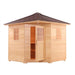 Canadian Hemlock Wet Dry Outdoor Sauna with Asphalt Roof - 6 kW UL Certified Heater - 5 Person - Front view with door opened 3D image