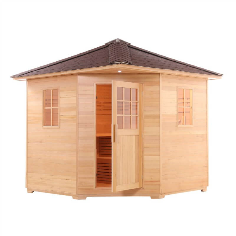 Canadian Hemlock Wet Dry Outdoor Sauna with Asphalt Roof - 6 kW UL Certified Heater - 5 Person - Front view with door opened 3D image