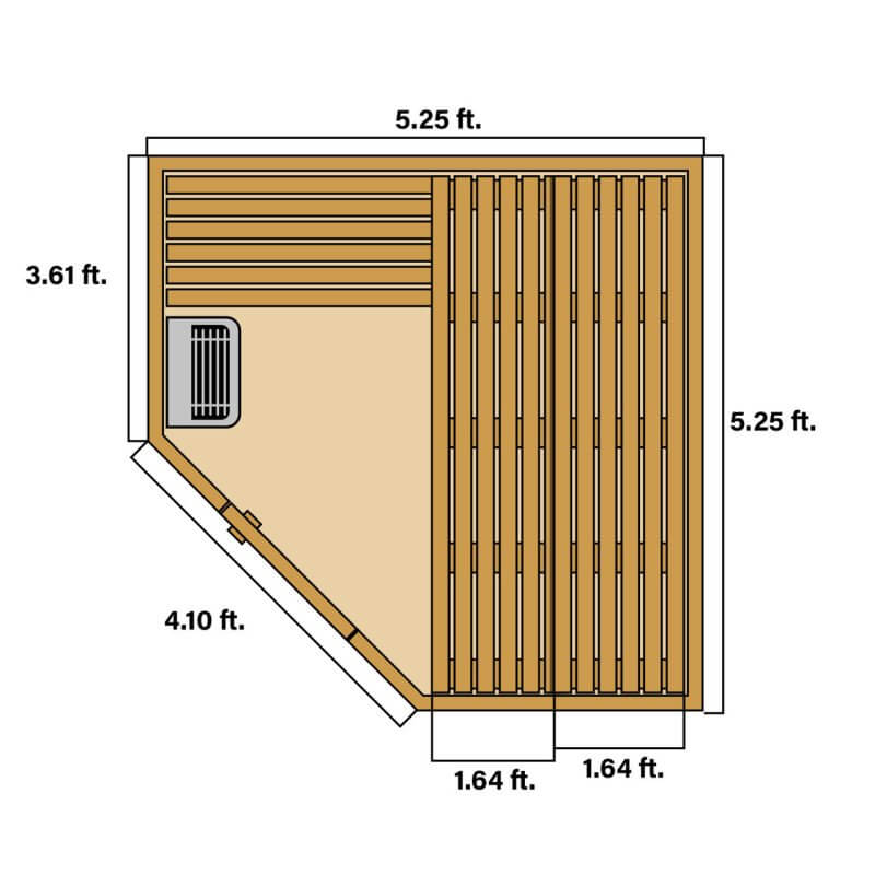 Canadian Hemlock Wet Dry Outdoor Sauna with Asphalt Roof - 6 kW UL Certified Heater - 5 Person - Top view dimensions