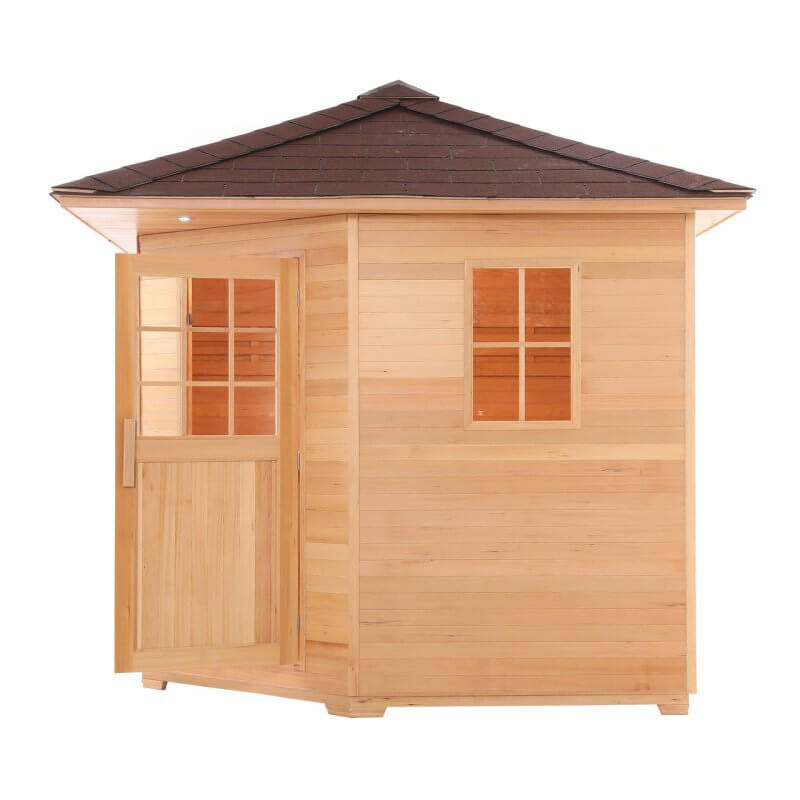 Canadian Hemlock Wet Dry Outdoor Sauna with Asphalt Roof - 6 kW UL Certified Heater - 5 Person - Side view from outside