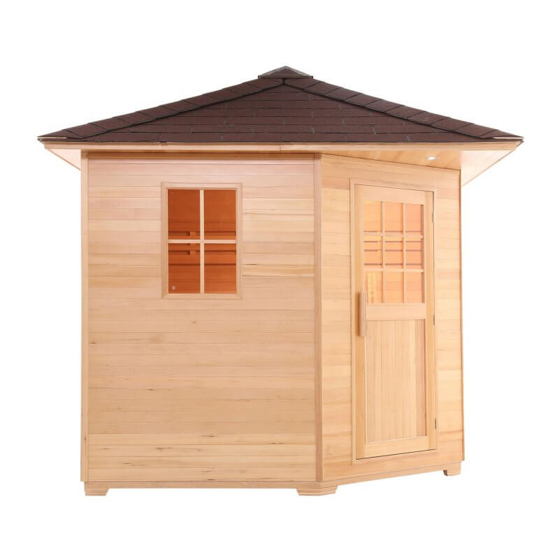 Canadian Hemlock Wet Dry Outdoor Sauna with Asphalt Roof - 6 kW UL Certified Heater - 5 Person - Side view from outside 3D image