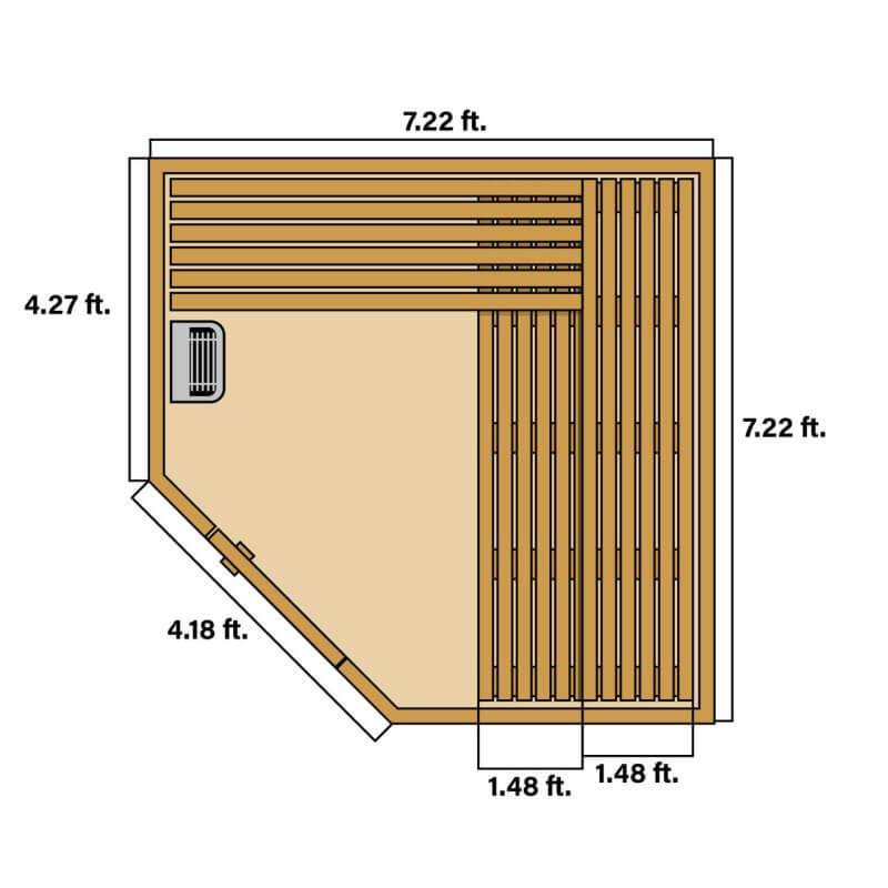 Canadian Hemlock Wet Dry Outdoor Sauna with Asphalt Roof - 8 kW UL Certified Heater - 8 Person - Top view dimensions