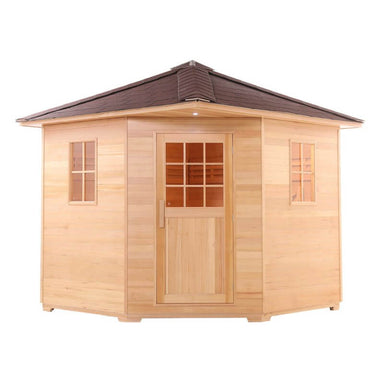 Canadian Hemlock Wet Dry Outdoor Sauna with Asphalt Roof - 8 kW UL Certified Heater - 8 Person - View from outside 3D image