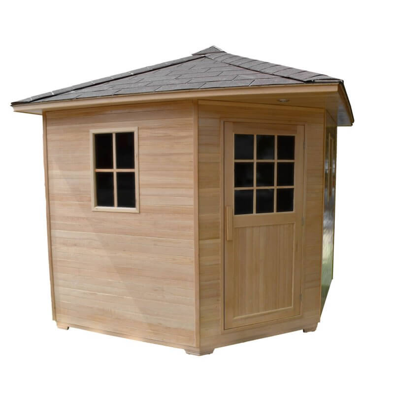 Canadian Hemlock Wet Dry Outdoor Sauna with Asphalt Roof - 8 kW UL Certified Heater - 8 Person - Side view from outside