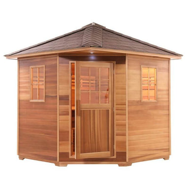 Canadian Red Cedar Wet Dry Outdoor Sauna with Asphalt Roof - 8 kW UL Certified Heater - 8 Person - View from outside with door open 3D picture