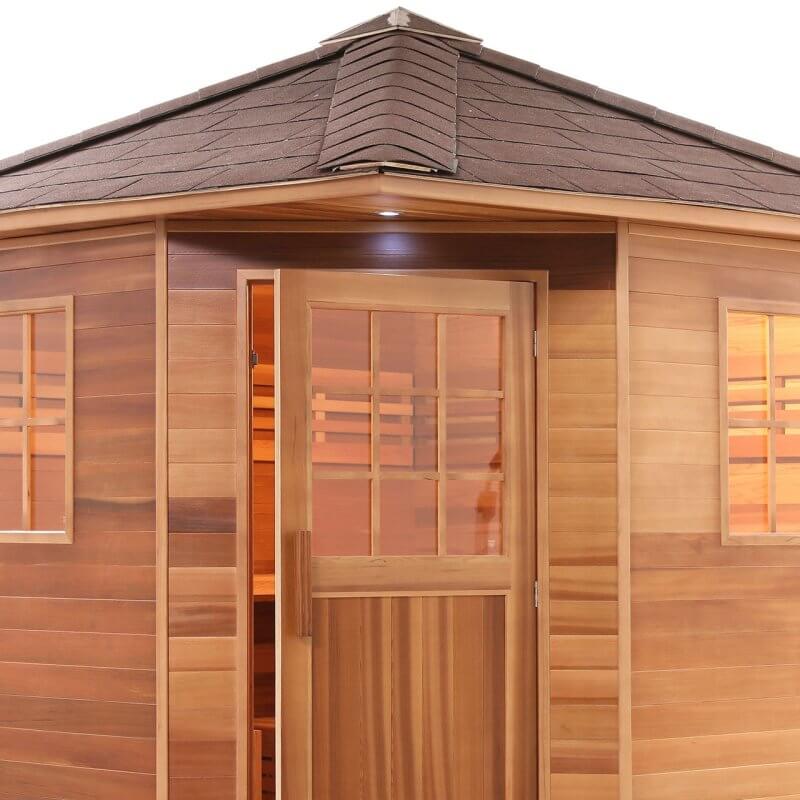 Canadian Red Cedar Wet Dry Outdoor Sauna with Asphalt Roof - 8 kW UL Certified Heater - 8 Person - Sauna door open with light above