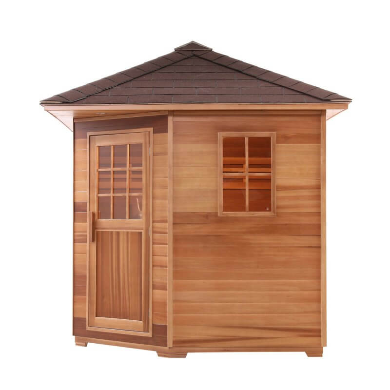 Canadian Red Cedar Wet Dry Outdoor Sauna with Asphalt Roof - 8 kW UL Certified Heater - 8 Person - Side view 3D picture