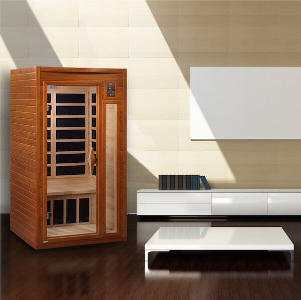 Dynamic Barcelona 1-2-Person Low EMF FAR Infrared Sauna - Set up in the living room with books on the table