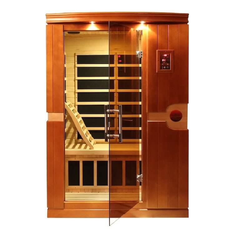 Dynamic Venice 2-Person Low EMF FAR Infrared Sauna (Canadian Hemlock) - sauna in front view with glass door slightly open