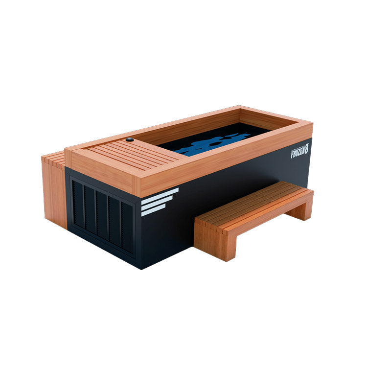 Medical Frozen 8 Cold Plunge - Wooden product with bench beside it